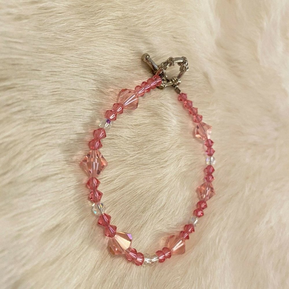 Fairy Pink Clear Glass Bead Bracelet Silver Tone Coquette Whimsy Boho 6646 - Picture 6 of 9